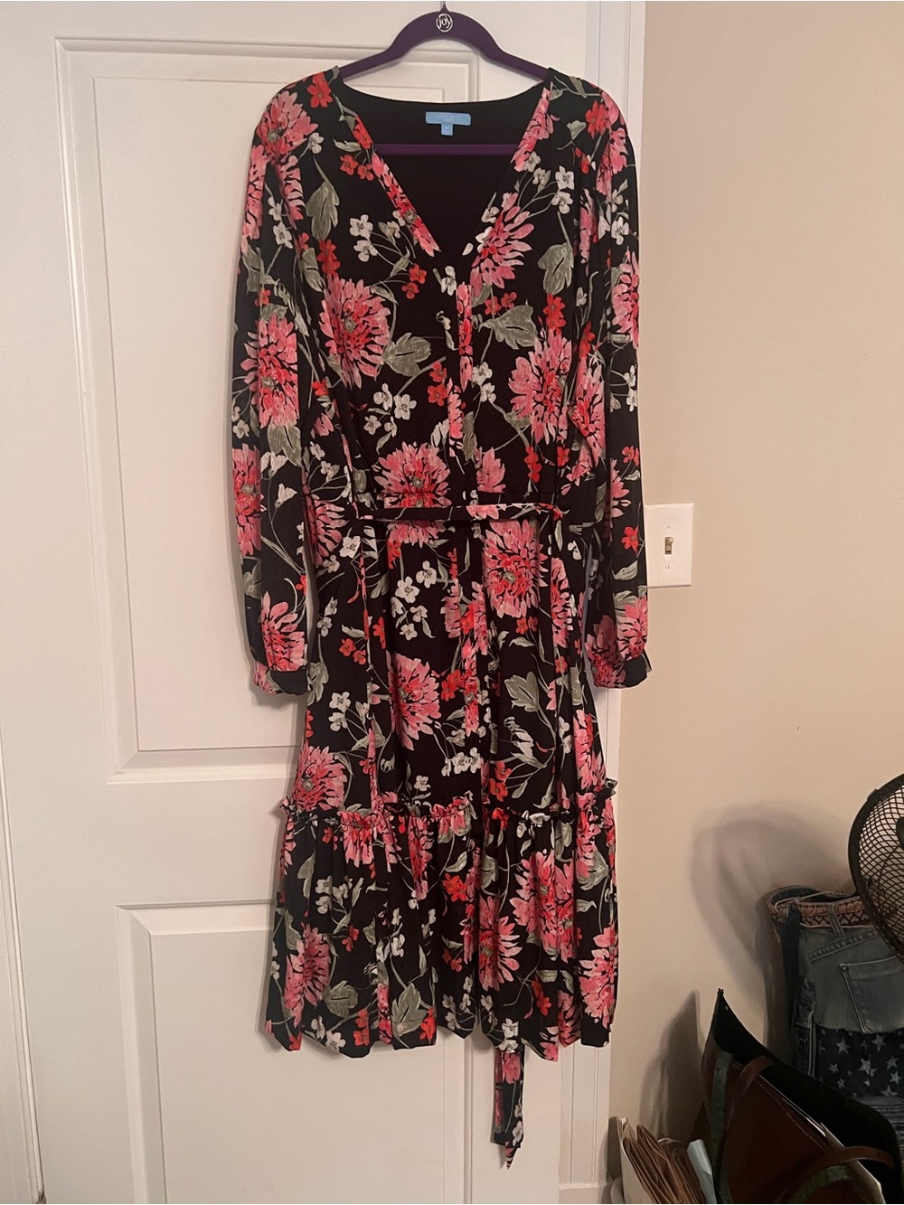 Draper James Black Long-Sleeve Floral Tiered Midi Dress with Pink and Green
